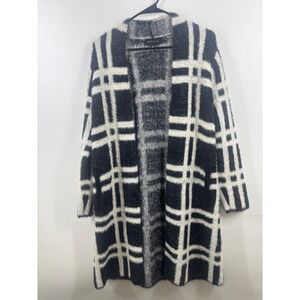 Premise Womens Black White Plaid Eyelash Knit Long Cardigan Sweater Small